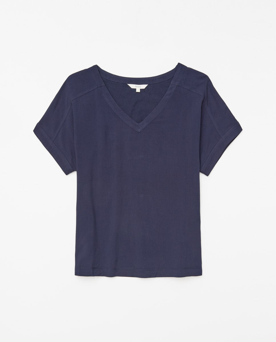 Yerse DARK BLUE TWO-MATERIAL V-NECK T-SHIRT