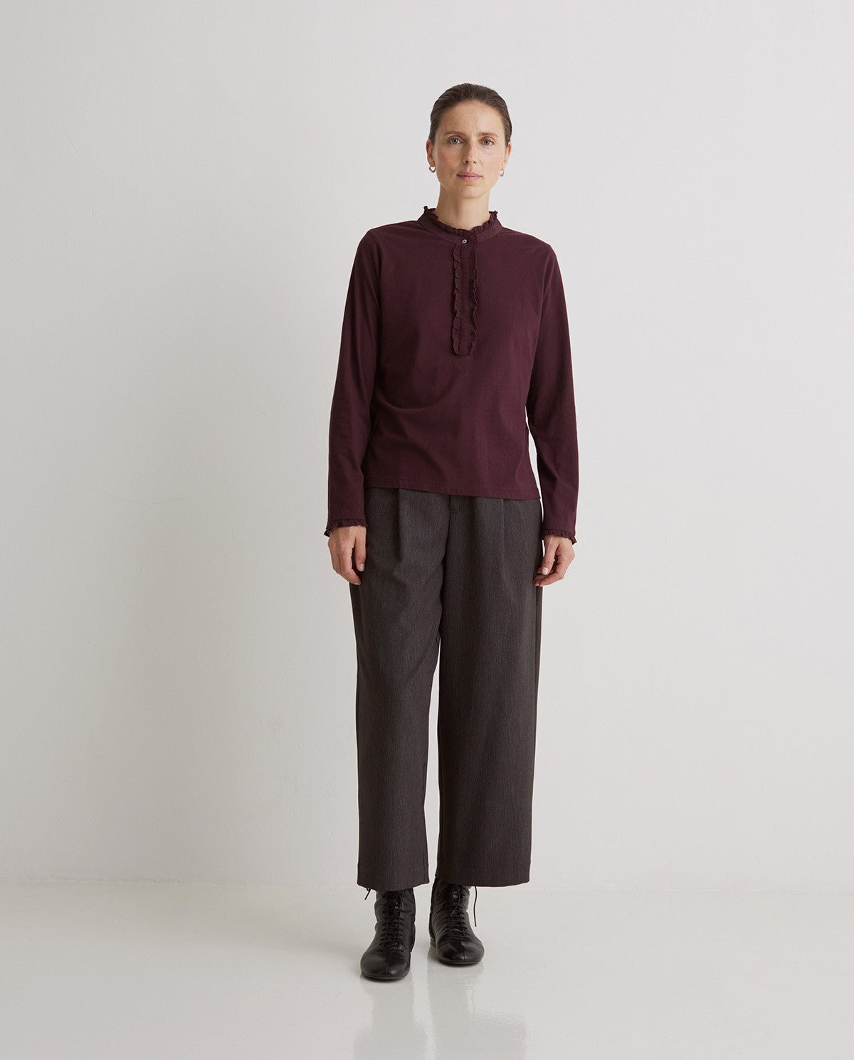 Yerse AUBERGINE 100% COTTON T-SHIRT WITH RUFFLES