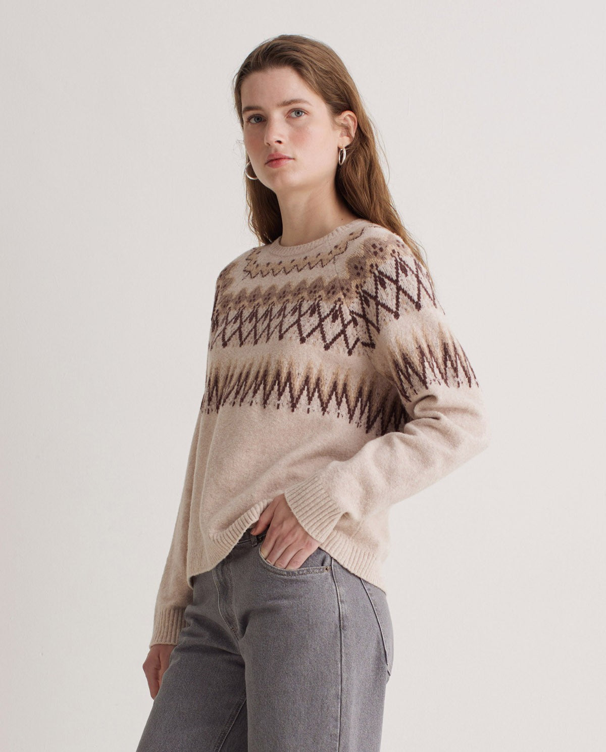 Yerse ECRU COTTON-WOOL BLEND JACQUARD SWEATER