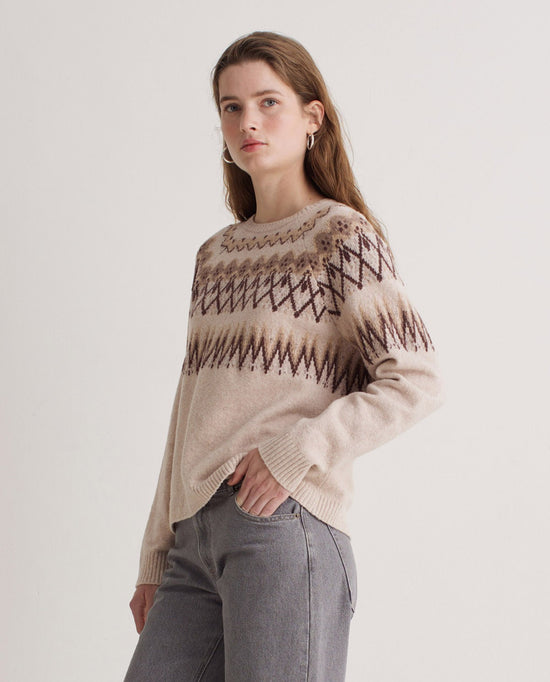 Yerse ECRU COTTON-WOOL BLEND JACQUARD SWEATER