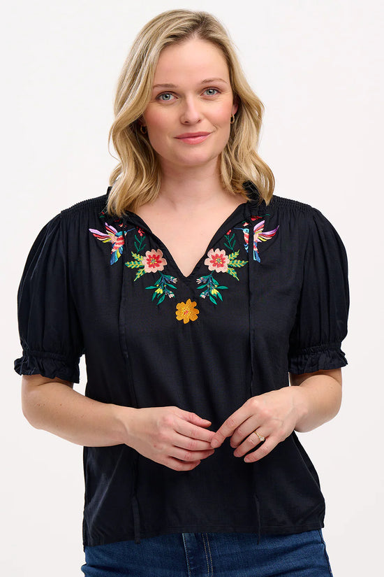 Load image into Gallery viewer, Sugarhill Brighton Angelique Shirred Top - Black, Tropical Hummingbird
