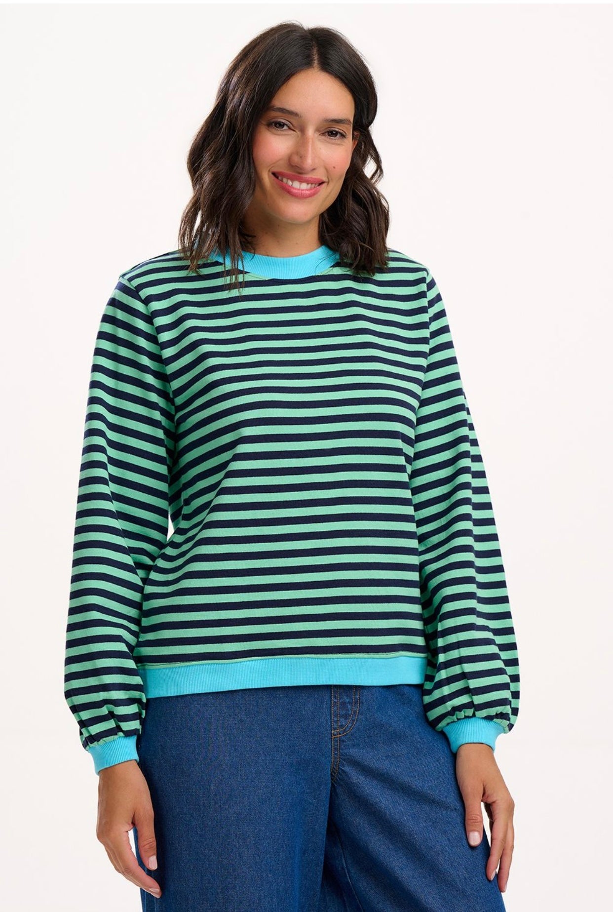 Sugarhill Brighton Mindy Blouson Sleeve Sweatshirt - Navy/Green, Stripe Contrast Rib