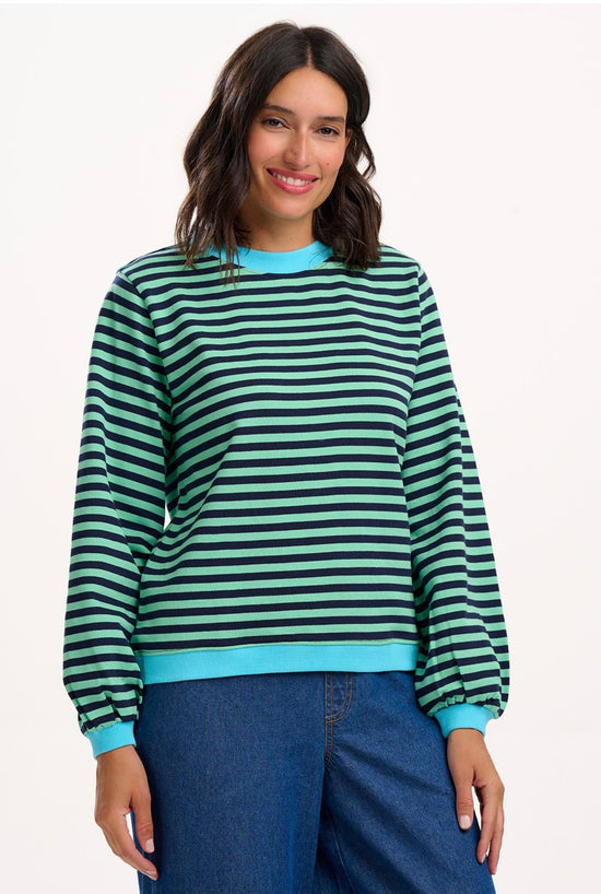 Sugarhill Brighton Mindy Blouson Sleeve Sweatshirt - Navy/Green, Stripe Contrast Rib