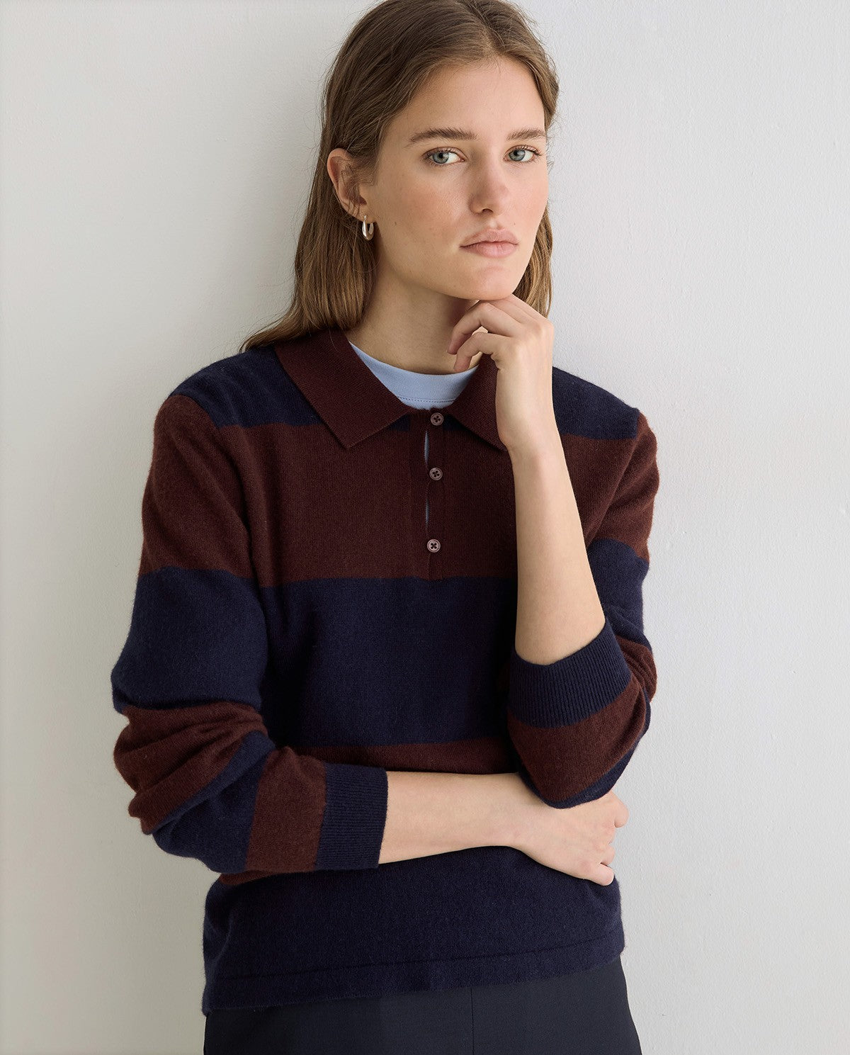 Yerse STRIPED FINE-KNIT POLO SWEATER