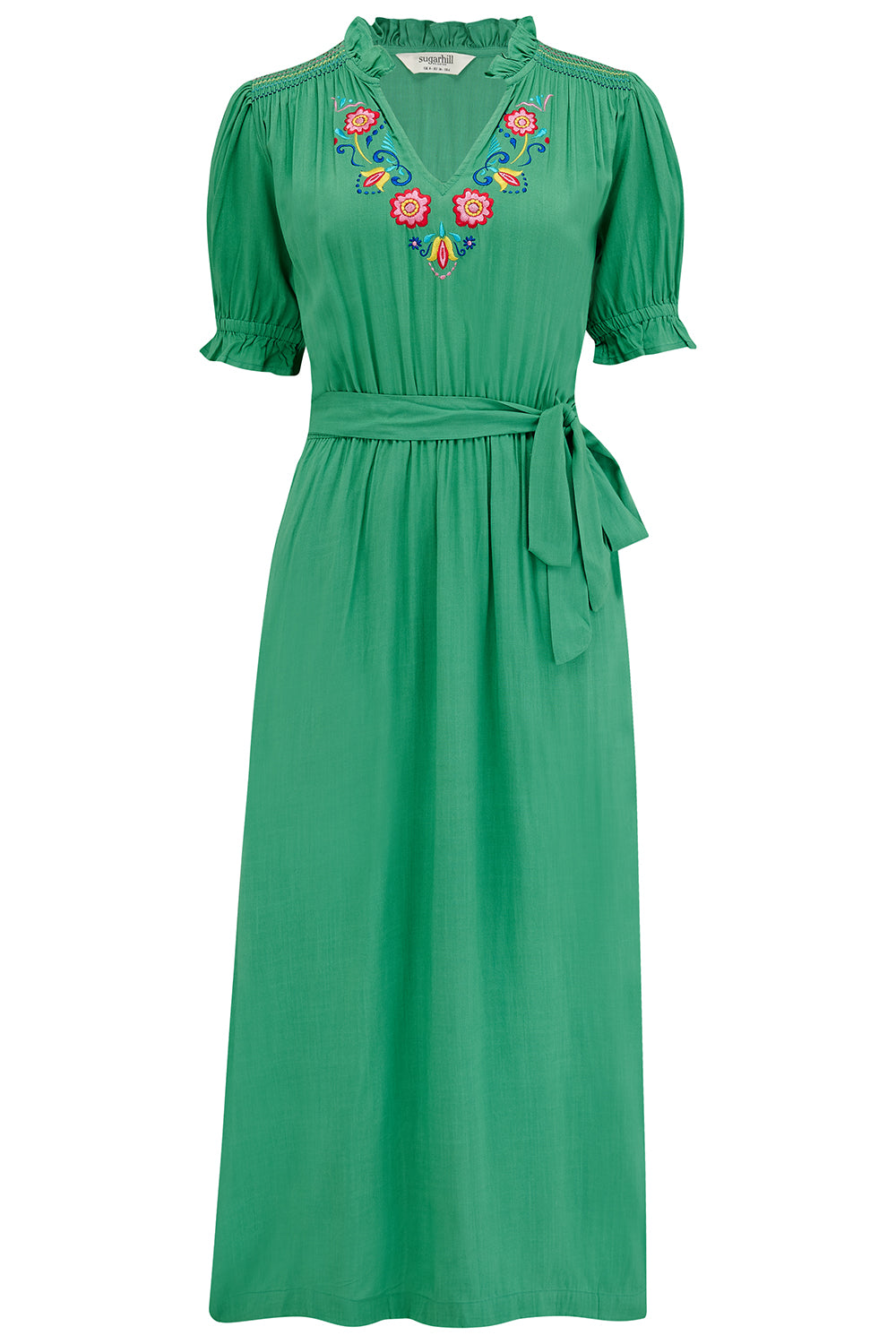 Sugarhill Brighton Carlota Midi Dress - Green, Folk Floral Embroidery