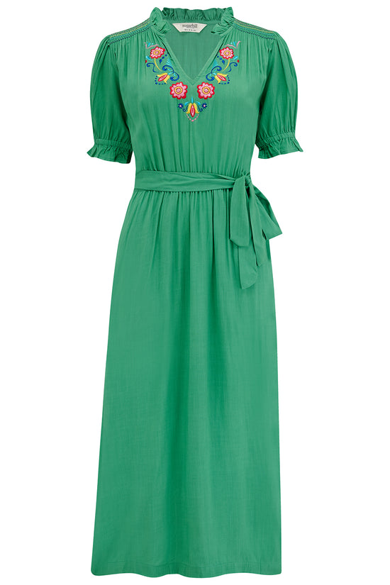 Load image into Gallery viewer, Sugarhill Brighton Carlota Midi Dress - Green, Folk Floral Embroidery
