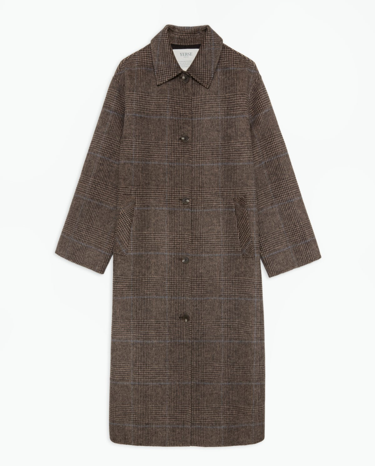 Yerse BROWN CHECKED WOOL-BLEND LONG COAT