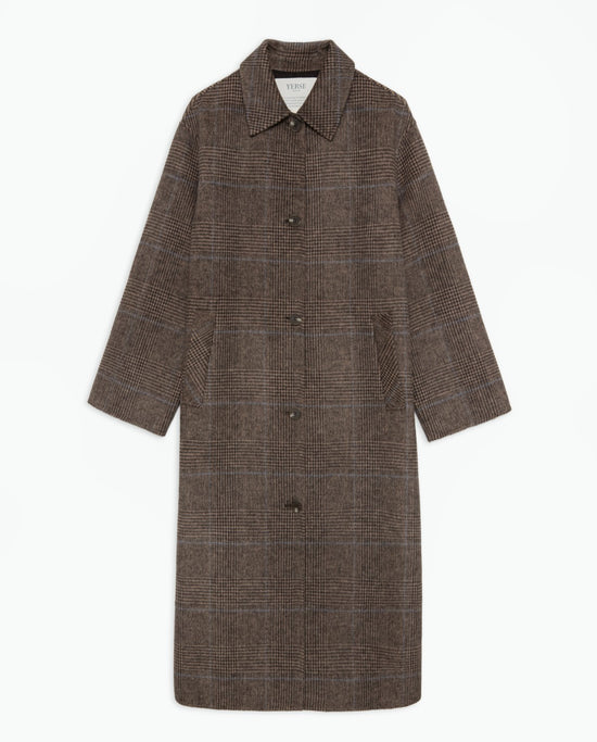 Yerse BROWN CHECKED WOOL-BLEND LONG COAT