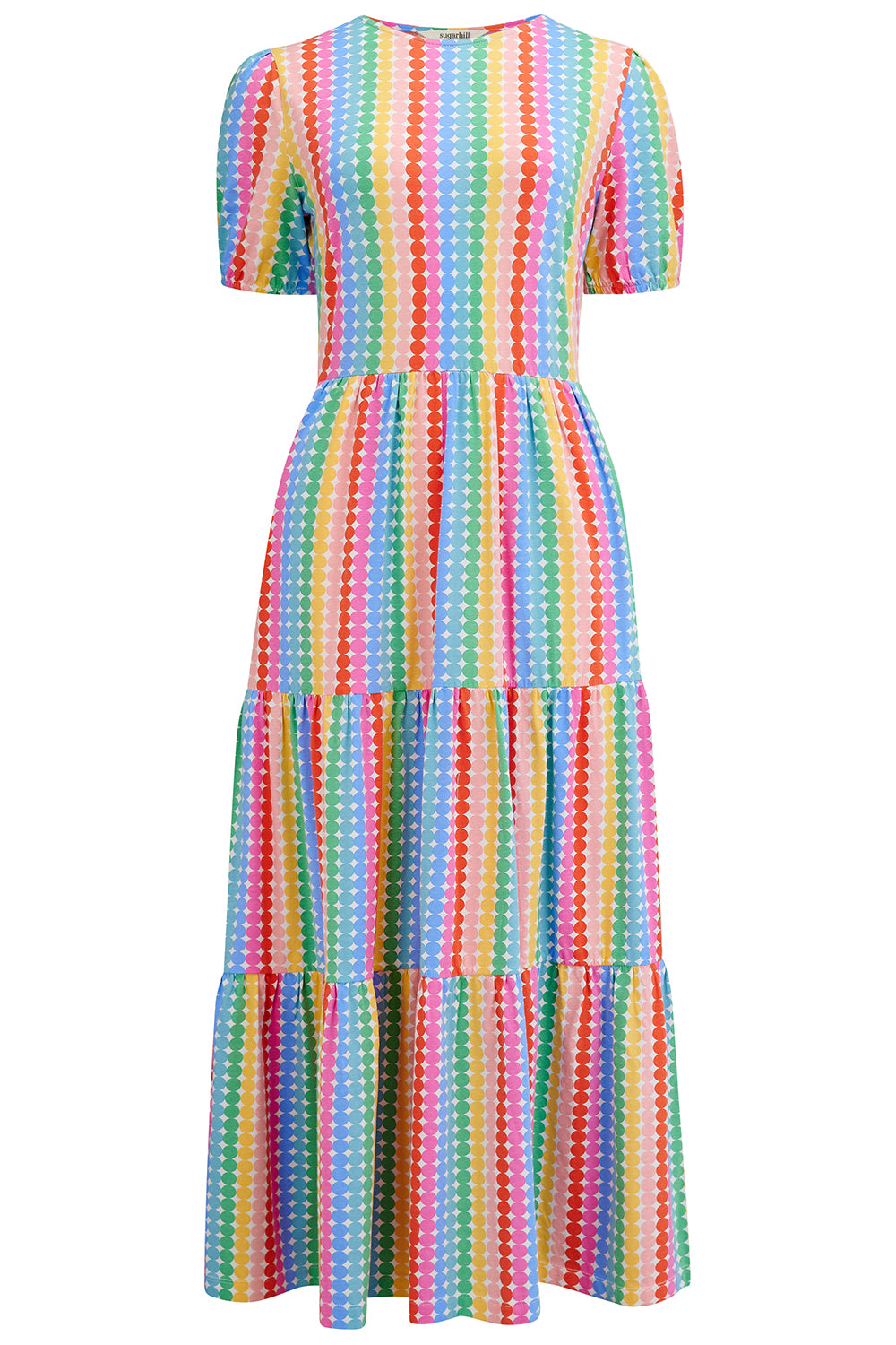 Sugarhill Brighton Minerva Midi Jersey Tiered Dress - Multi, Rainbow Circles