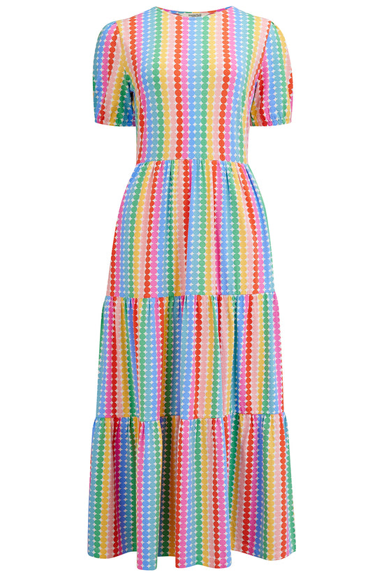 Load image into Gallery viewer, Sugarhill Brighton Minerva Midi Jersey Tiered Dress - Multi, Rainbow Circles
