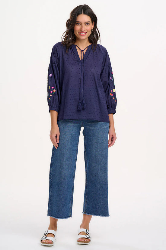 Load image into Gallery viewer, Sugarhill Brighton Delphi Boho Top - Navy, Rainbow Flowers
