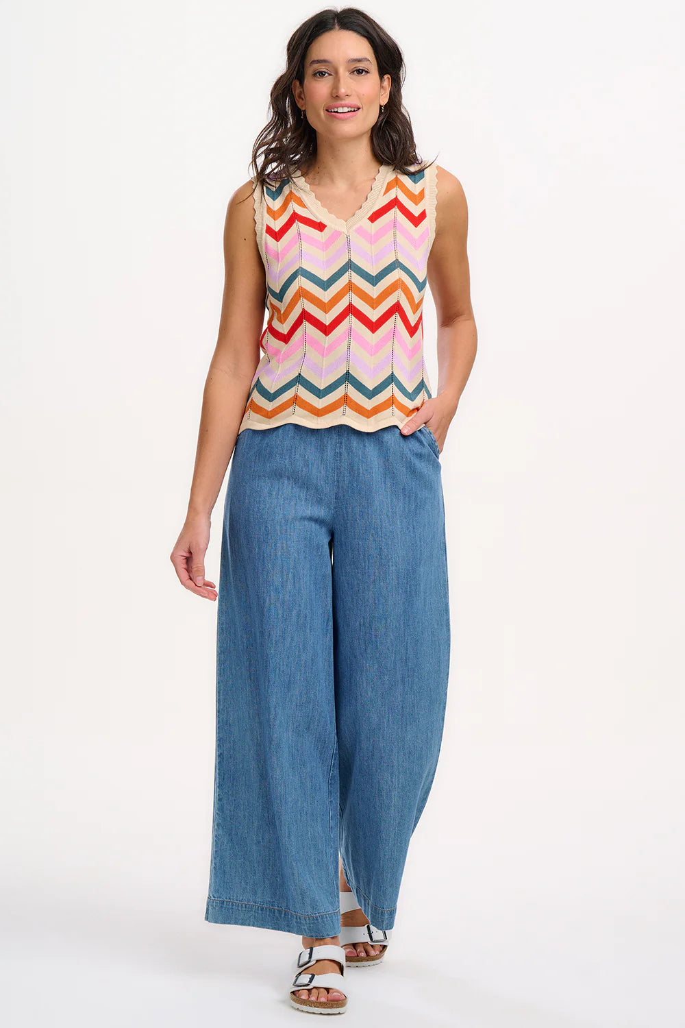 Sugarhill Brighton Rosy V-Neck Knit Vest - Cream, Rainbow Chevron Stripes