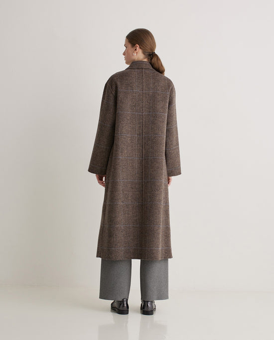Yerse BROWN CHECKED WOOL-BLEND LONG COAT