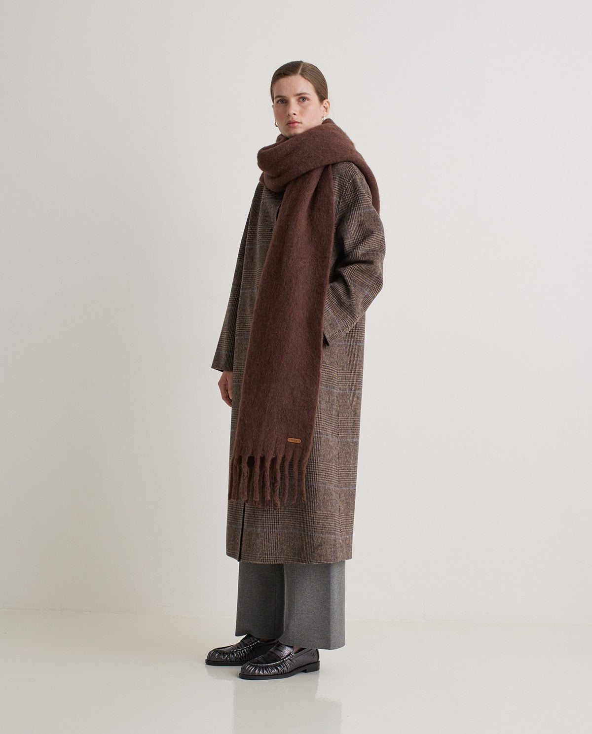 Yerse BROWN CHECKED WOOL-BLEND LONG COAT