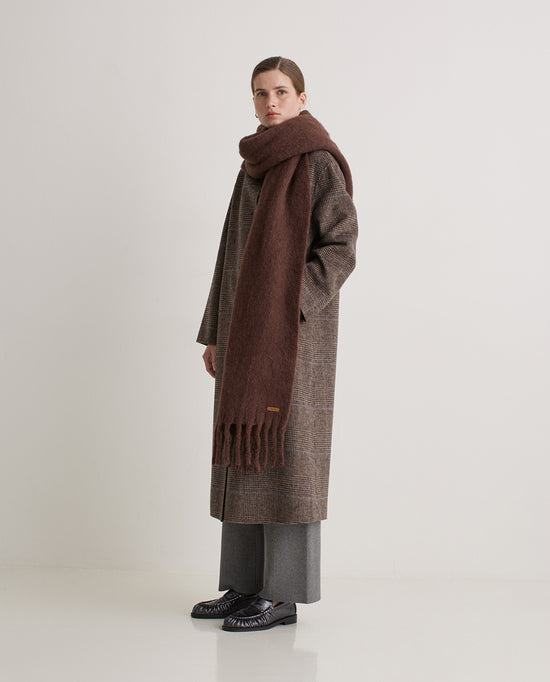 Yerse BROWN CHECKED WOOL-BLEND LONG COAT
