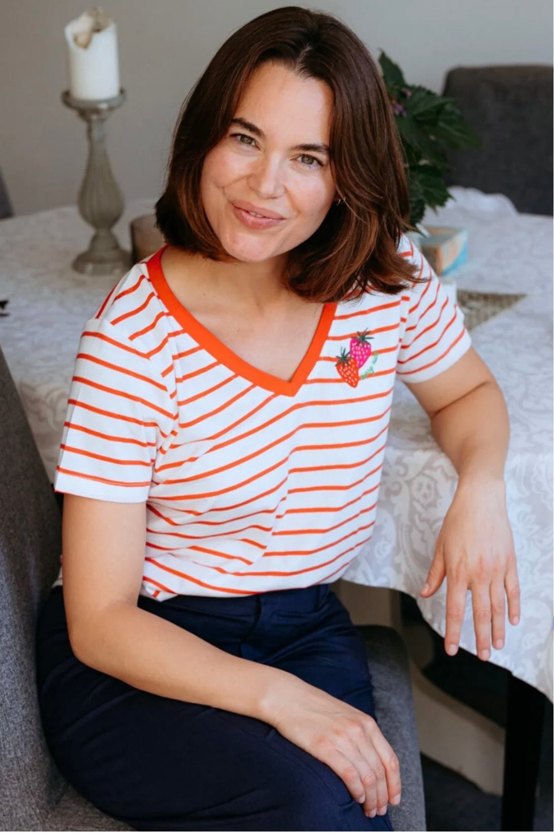 Sugarhill Brighton  Khloe V-Neck T-Shirt - Red/Off White Stripe, Strawberry