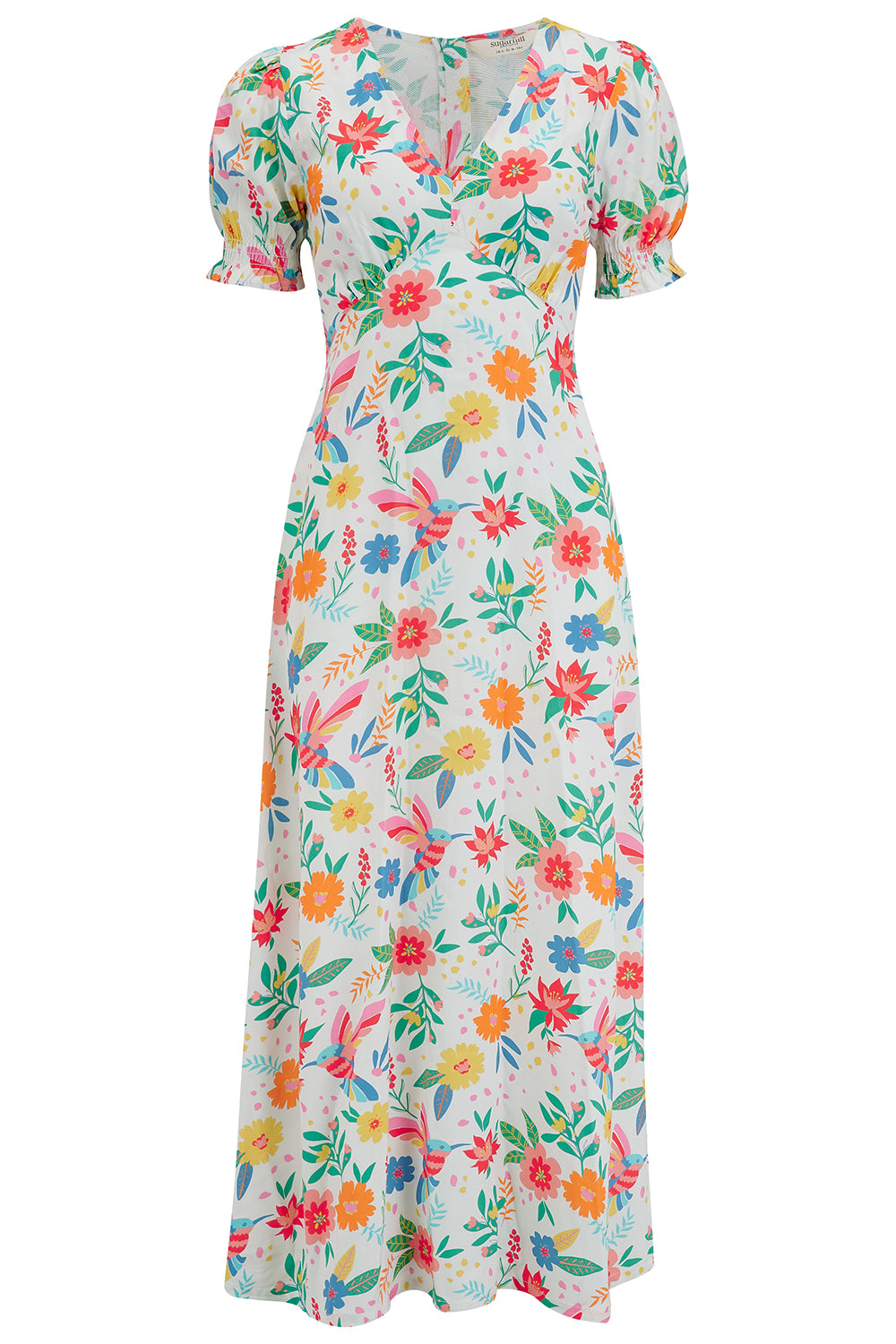 Sugarhill Brighton  Maryjane Midi Dress - Off-White, Tropical Hummingbird