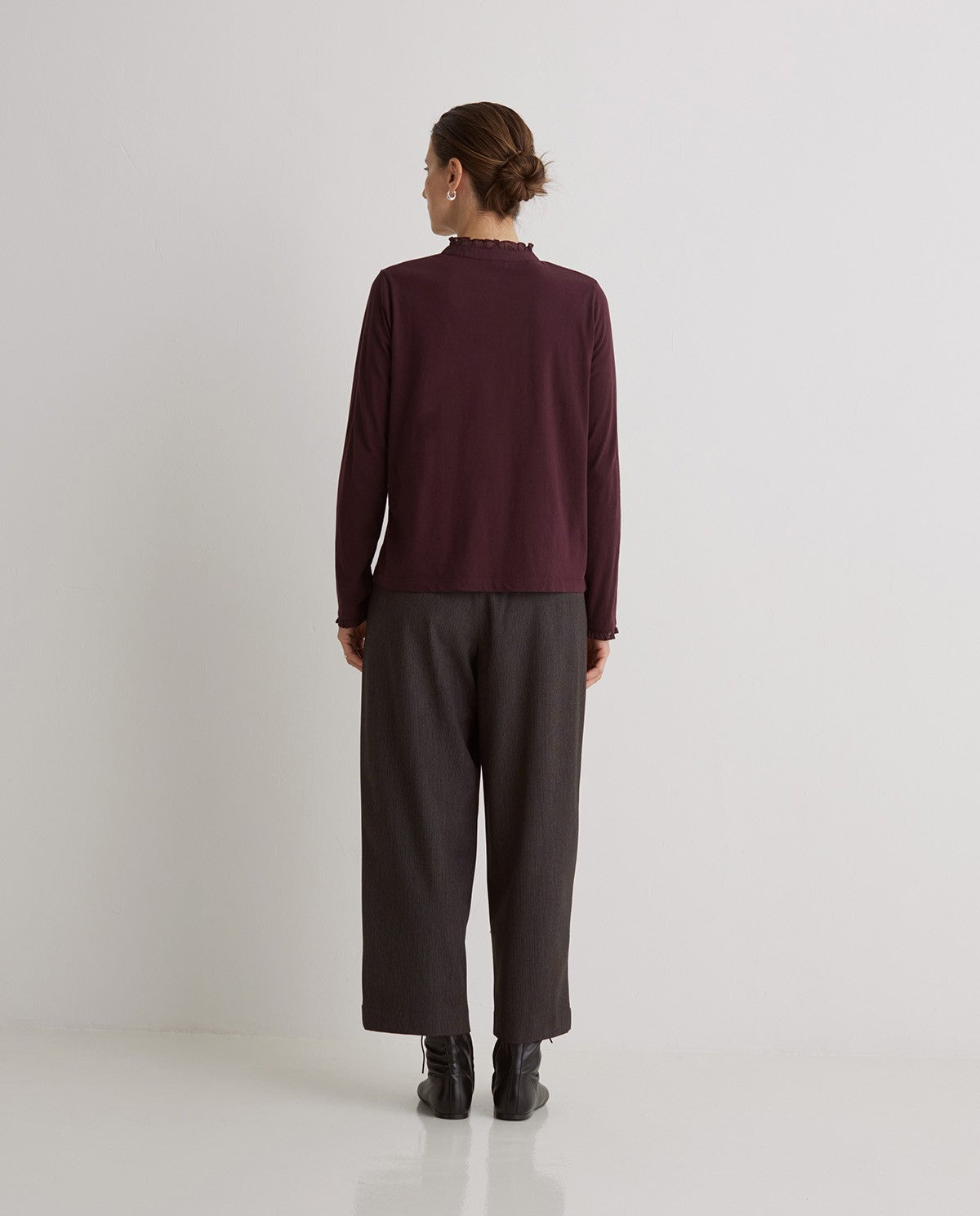 Yerse AUBERGINE 100% COTTON T-SHIRT WITH RUFFLES