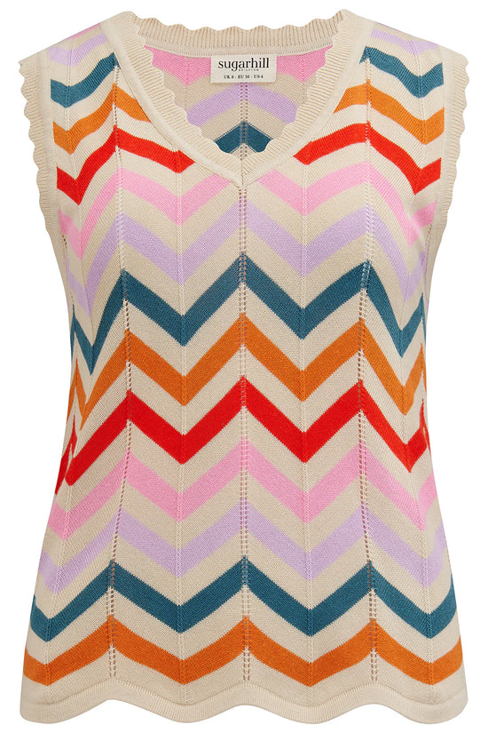 Load image into Gallery viewer, Sugarhill Brighton Rosy V-Neck Knit Vest - Cream, Rainbow Chevron Stripes
