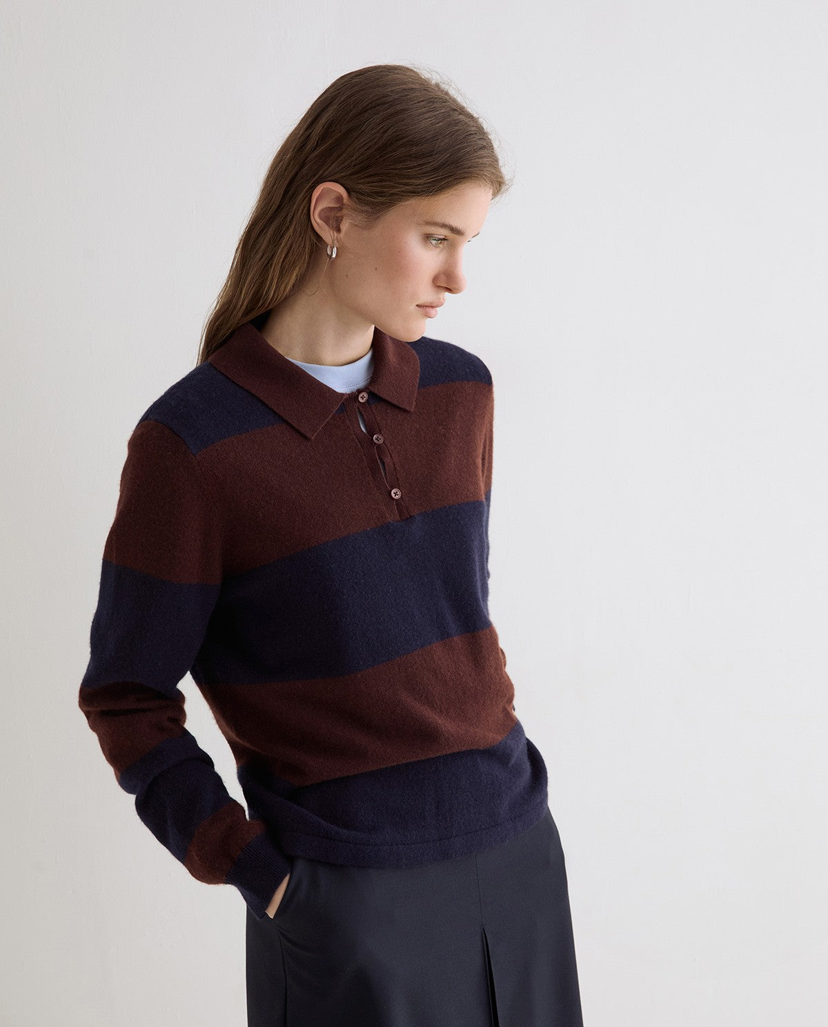 Yerse STRIPED FINE-KNIT POLO SWEATER