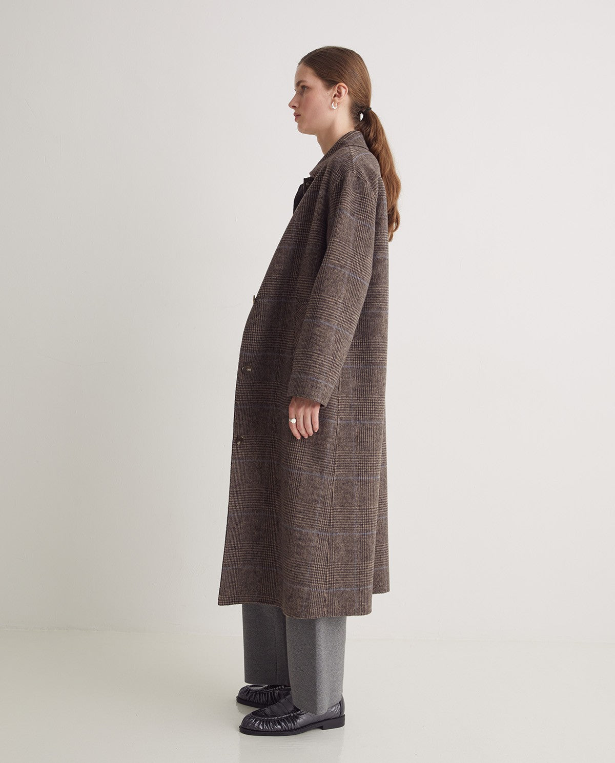 Yerse BROWN CHECKED WOOL-BLEND LONG COAT
