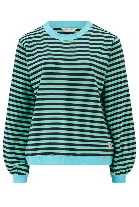 Sugarhill Brighton Mindy Blouson Sleeve Sweatshirt - Navy/Green, Stripe Contrast Rib