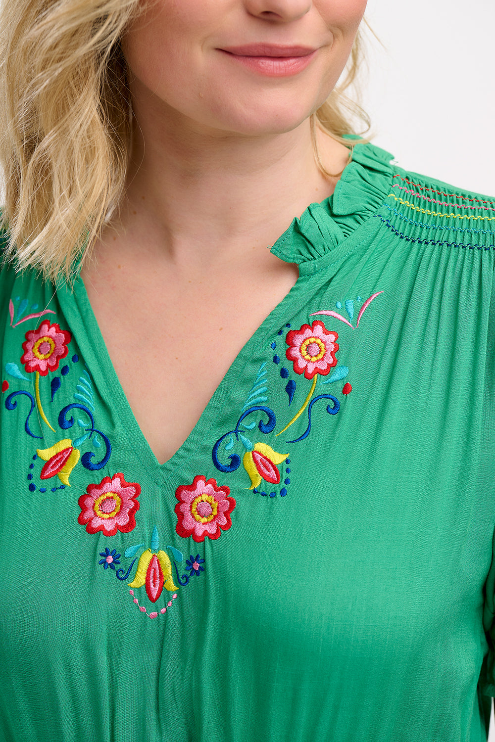 Sugarhill Brighton Carlota Midi Dress - Green, Folk Floral Embroidery