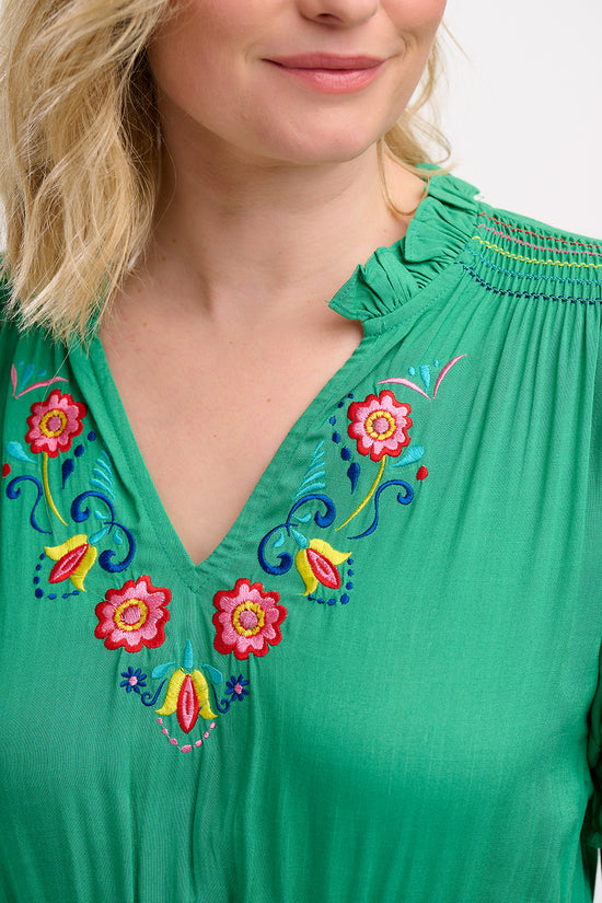 Load image into Gallery viewer, Sugarhill Brighton Carlota Midi Dress - Green, Folk Floral Embroidery
