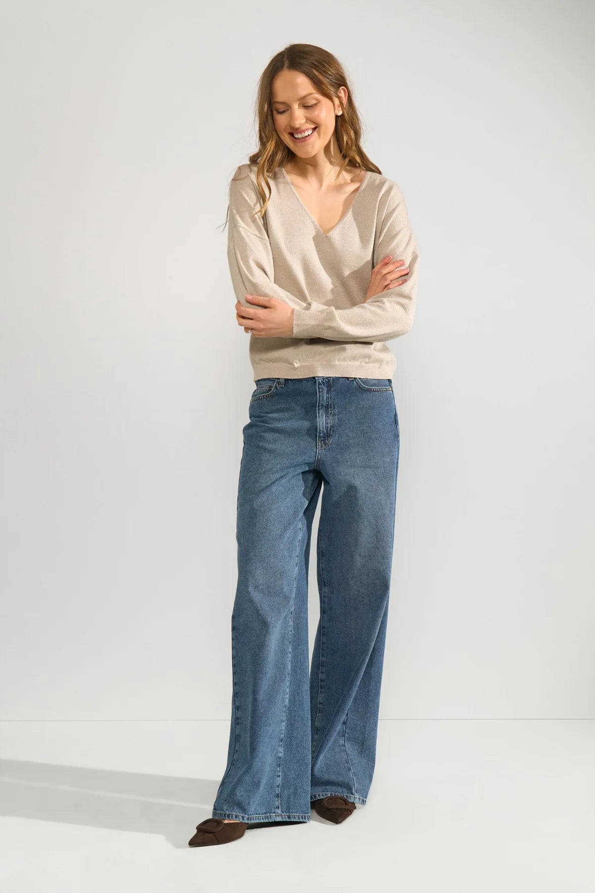 Numph NUDAYLETTA LUREX V-NECK PULLOVER - Whitecap Gray