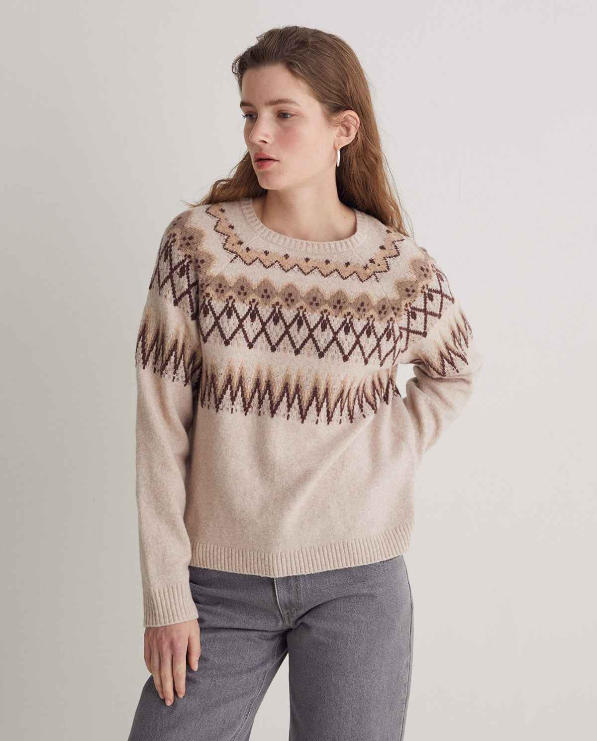 Yerse ECRU COTTON-WOOL BLEND JACQUARD SWEATER