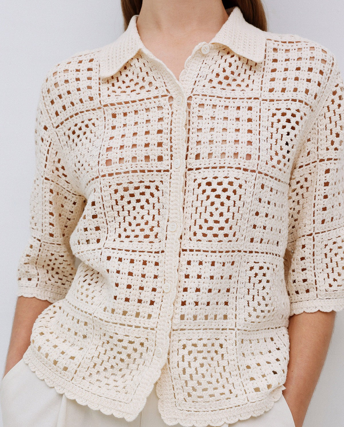 Yerse ECRU CROCHET-EFFECT CARDIGAN