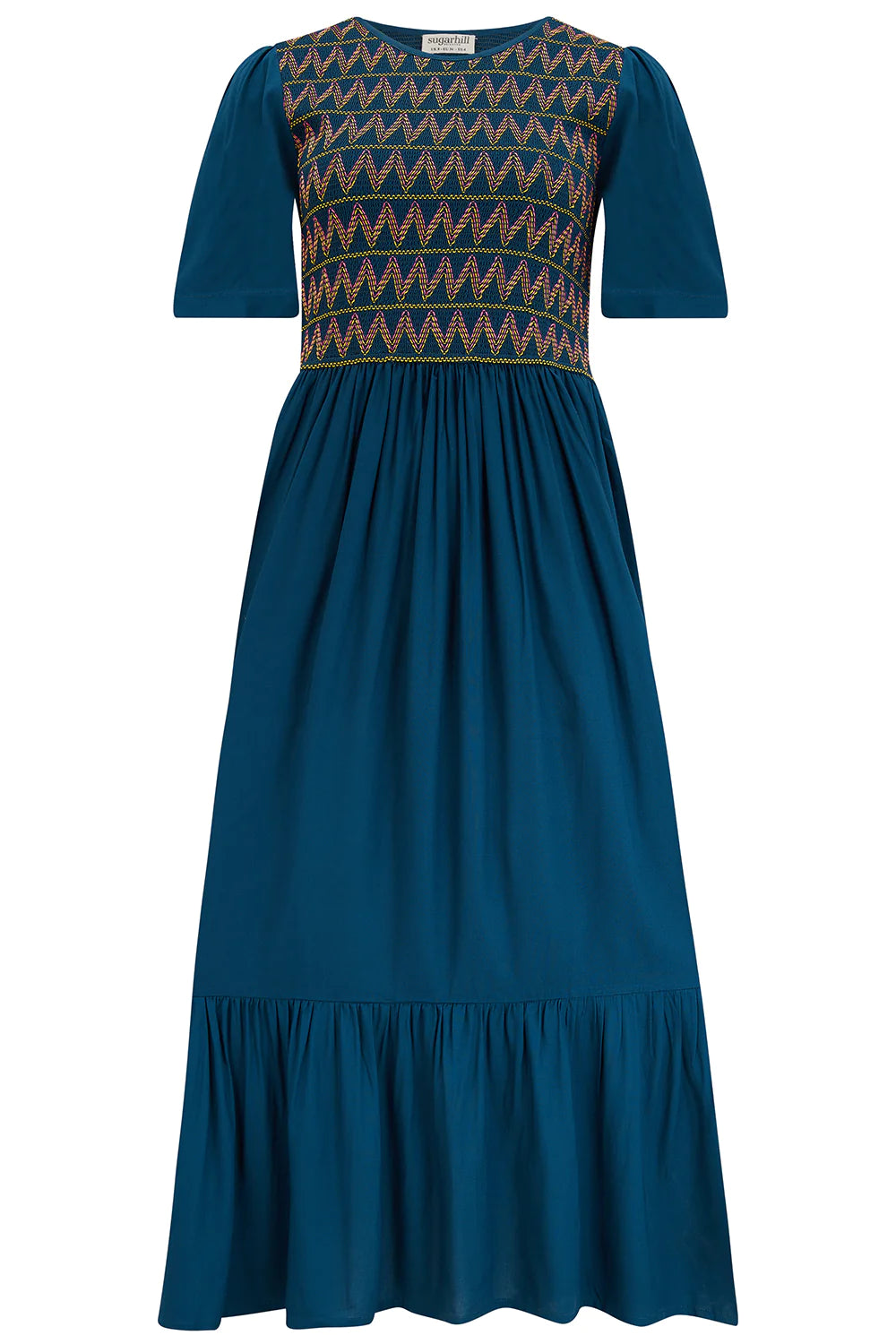 Sugarhill Brighton Brielle Midi Shirred Dress - Washed Navy, Zigzag Shirring