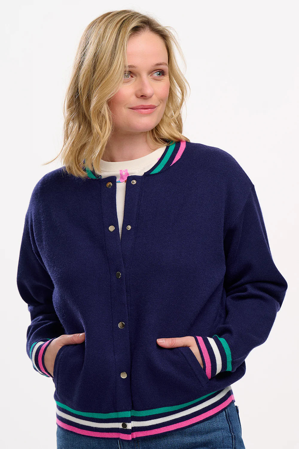 Sugarhill Brighton Monay Knitted Bomber - Navy, Sports Stripe