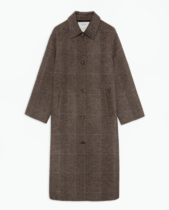 Yerse BROWN CHECKED WOOL-BLEND LONG COAT