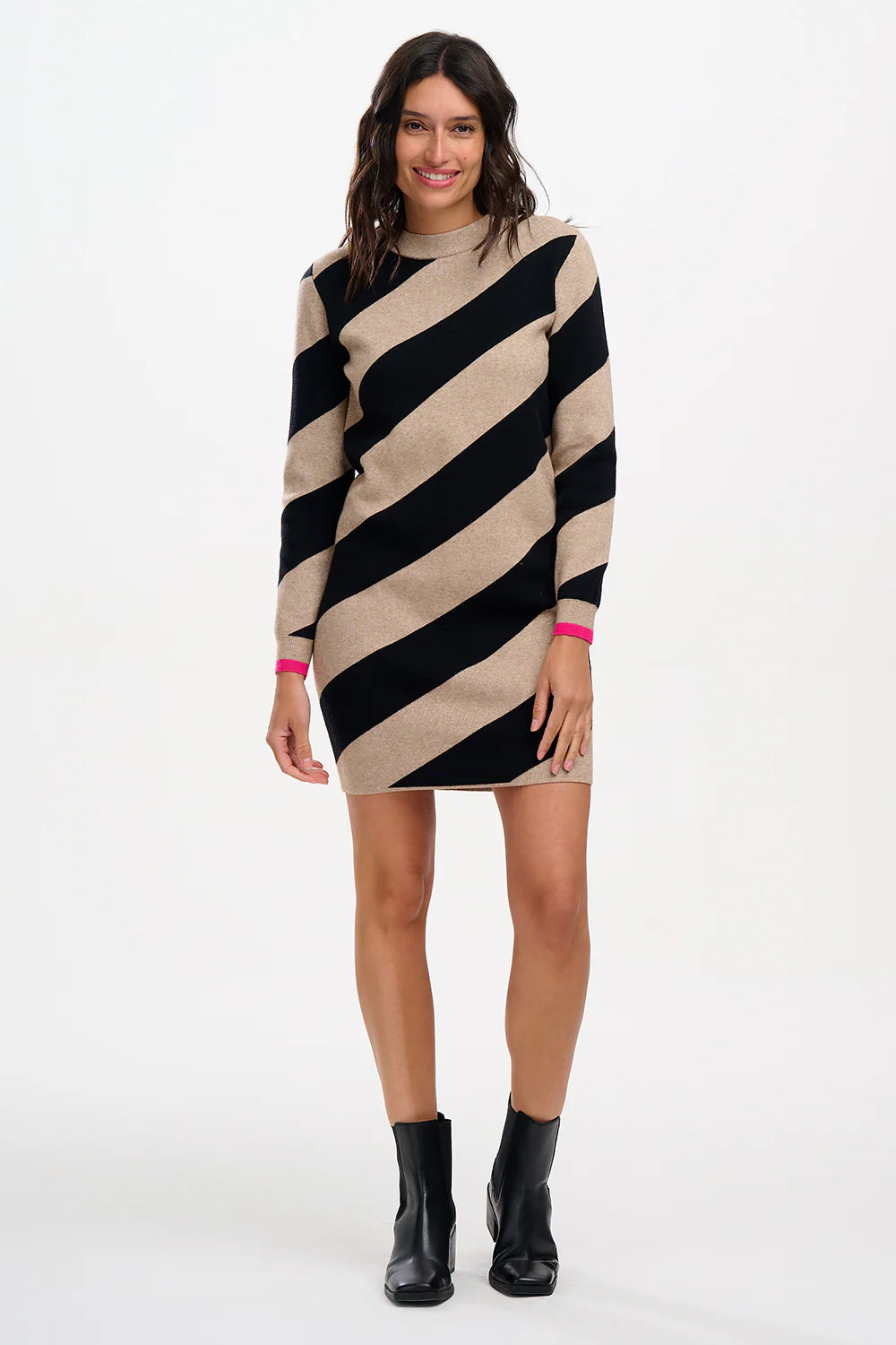 Sugarhill Brighton Verity Knit Dress - Beige/Black, Diagonal Stripe