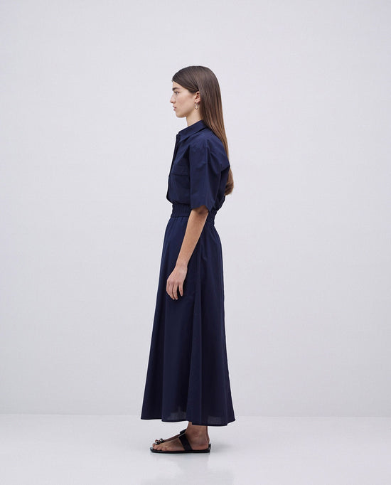 Load image into Gallery viewer, Yerse DARK BLUE POPLIN ELASTIC WAIST SKIRT
