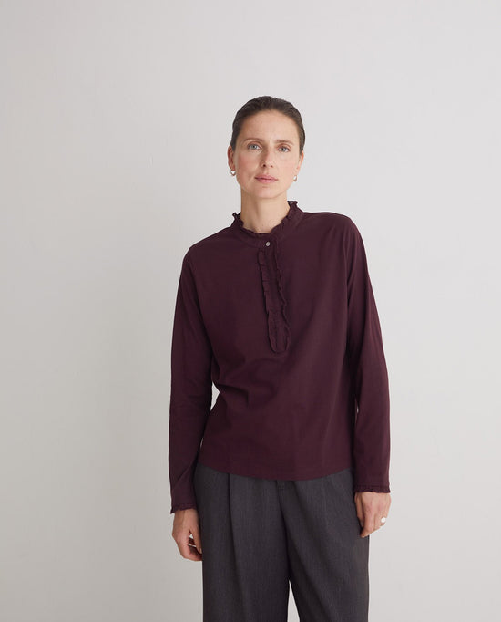 Yerse AUBERGINE 100% COTTON T-SHIRT WITH RUFFLES