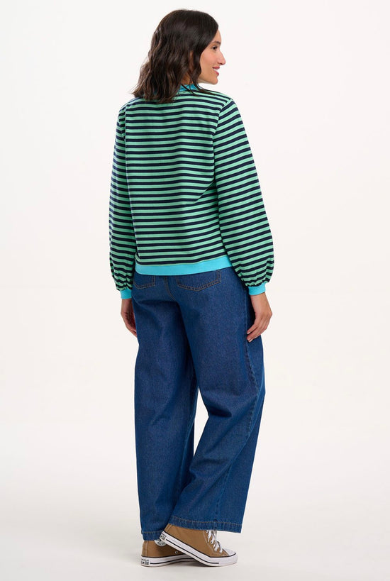 Sugarhill Brighton Mindy Blouson Sleeve Sweatshirt - Navy/Green, Stripe Contrast Rib