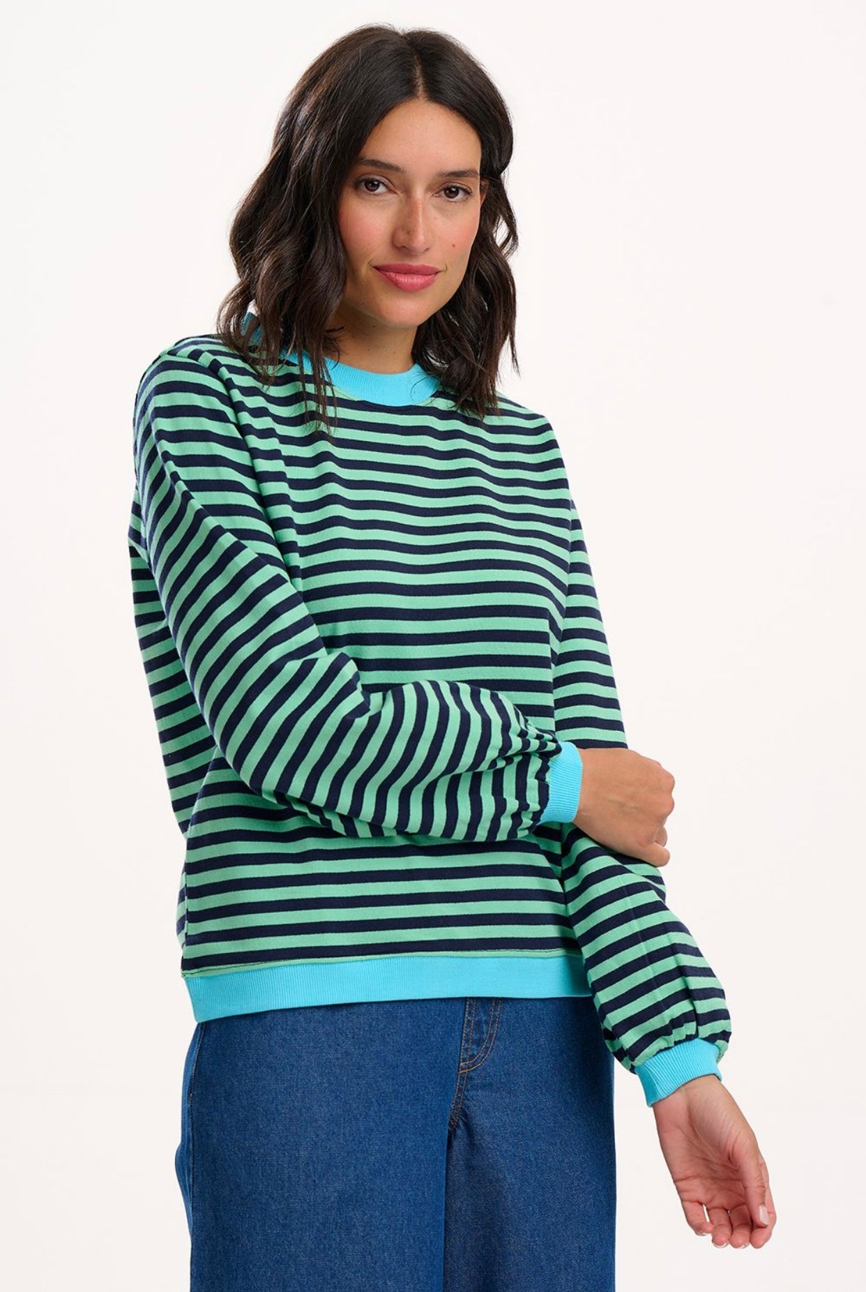 Sugarhill Brighton Mindy Blouson Sleeve Sweatshirt - Navy/Green, Stripe Contrast Rib