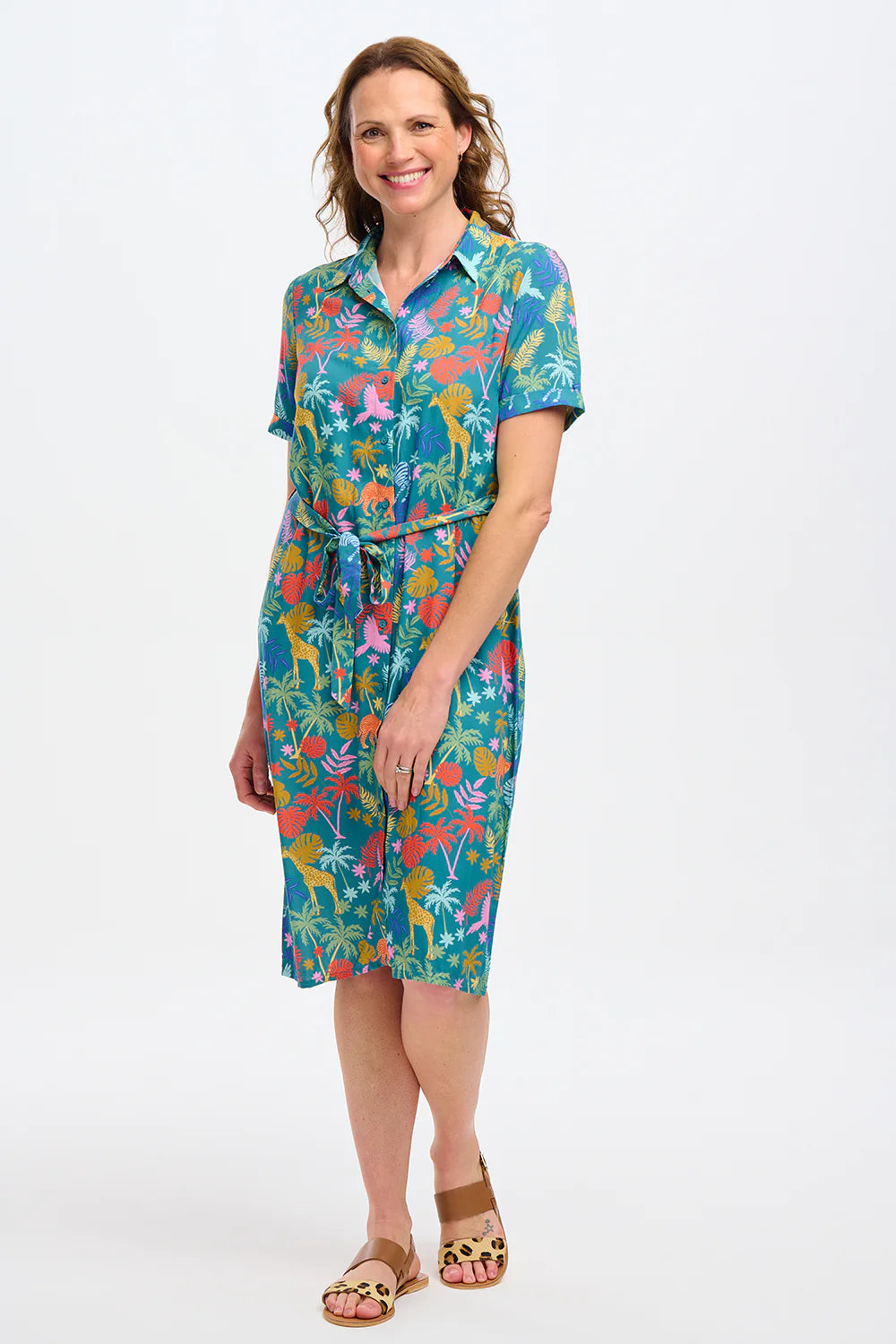 Sugarhill Brighton Justine Midi Shirt Dress - Teal, Rainbow Jungle