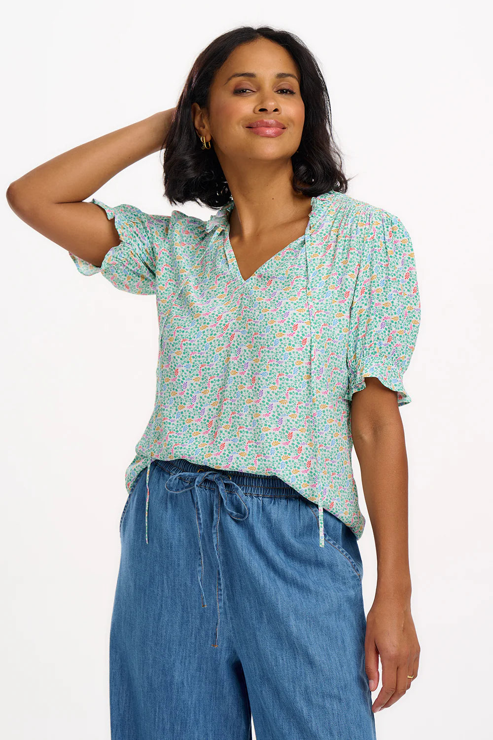 Sugarhill Brighton Virginia Shirred Top - Off-White/Multi, Garden Waves