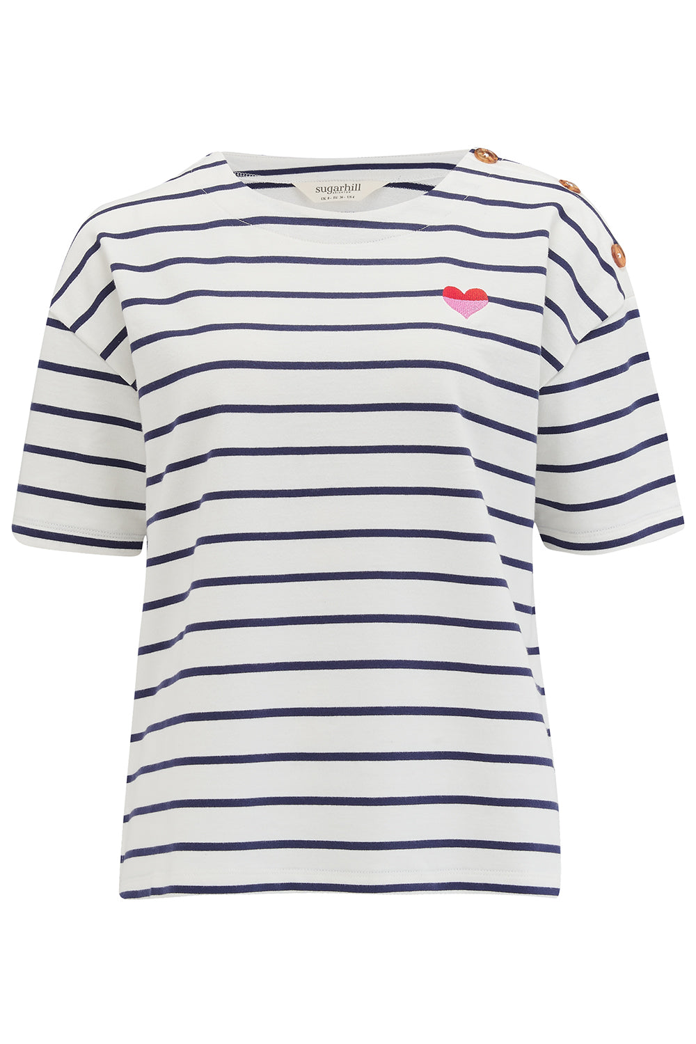 Sugarhill Brighton Kirby Breton Tee Top - Off-White/Navy, Split Heart