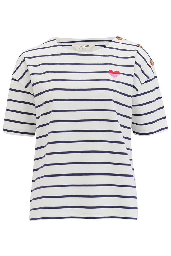 Load image into Gallery viewer, Sugarhill Brighton Kirby Breton Tee Top - Off-White/Navy, Split Heart
