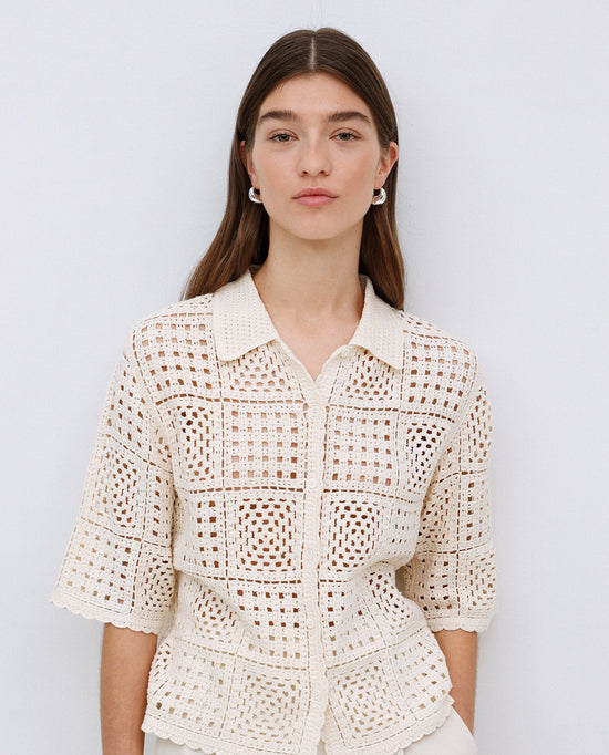 Load image into Gallery viewer, Yerse ECRU CROCHET-EFFECT CARDIGAN
