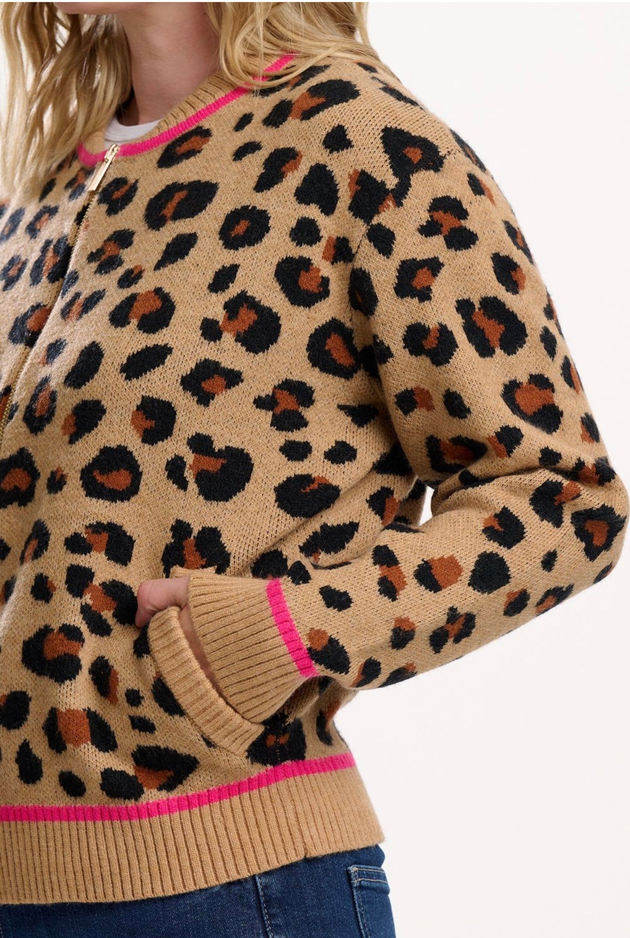 Sugarhill Brighton Solana Knitted Bomber - Tan/Black, Natural Leopard