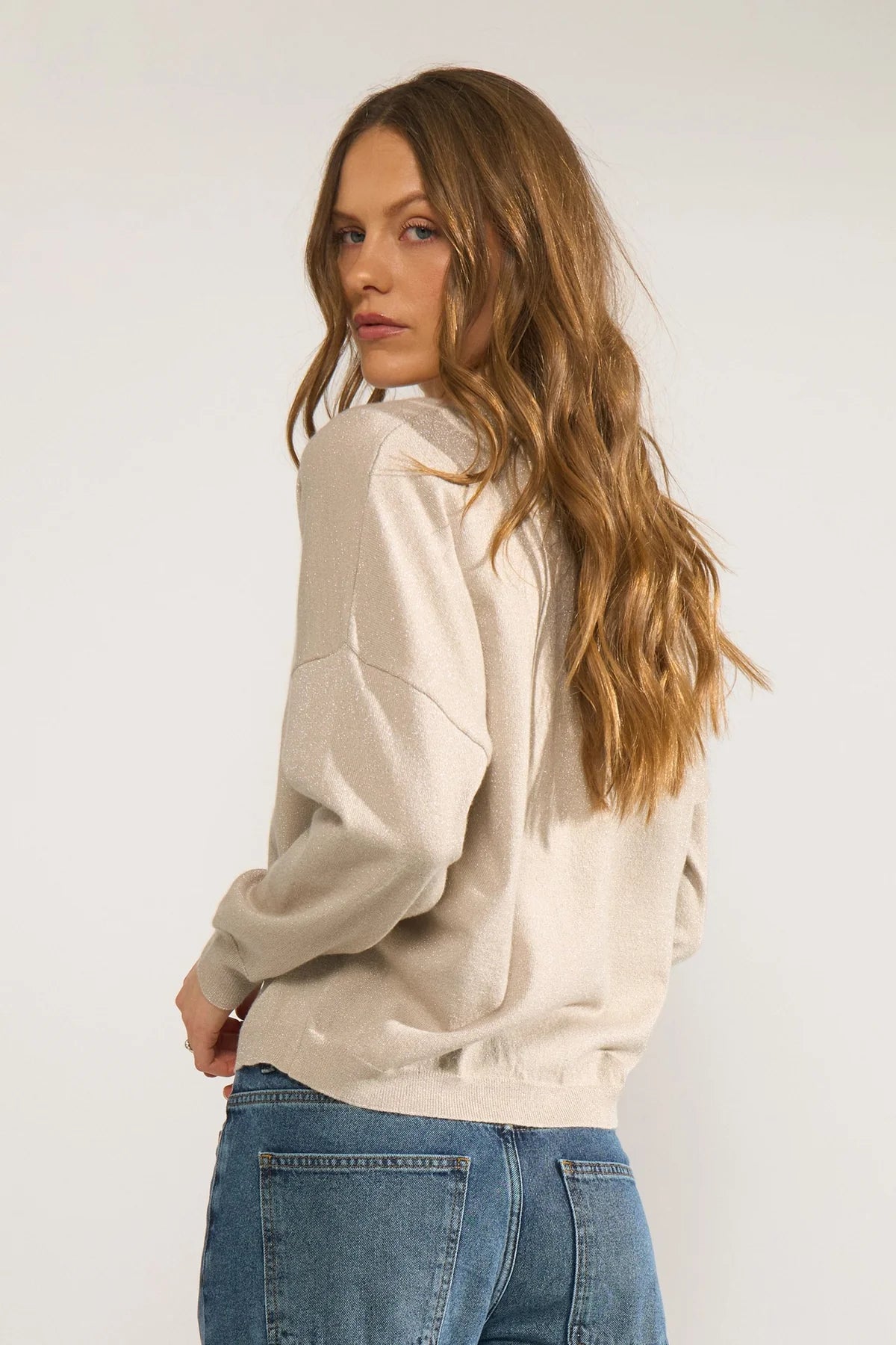 Numph NUDAYLETTA LUREX V-NECK PULLOVER - Whitecap Gray