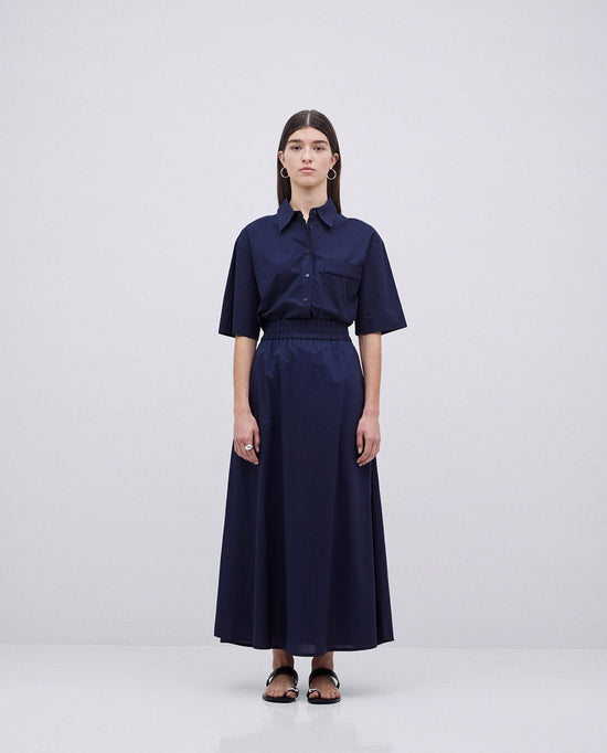 Load image into Gallery viewer, Yerse DARK BLUE POPLIN ELASTIC WAIST SKIRT
