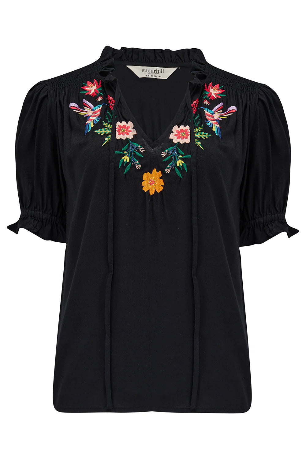 Sugarhill Brighton Angelique Shirred Top - Black, Tropical Hummingbird