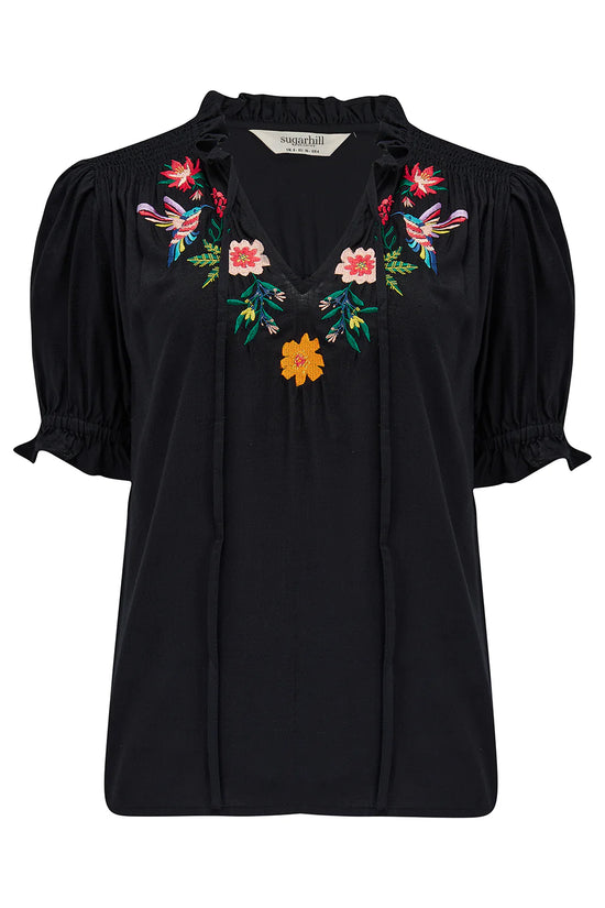 Load image into Gallery viewer, Sugarhill Brighton Angelique Shirred Top - Black, Tropical Hummingbird
