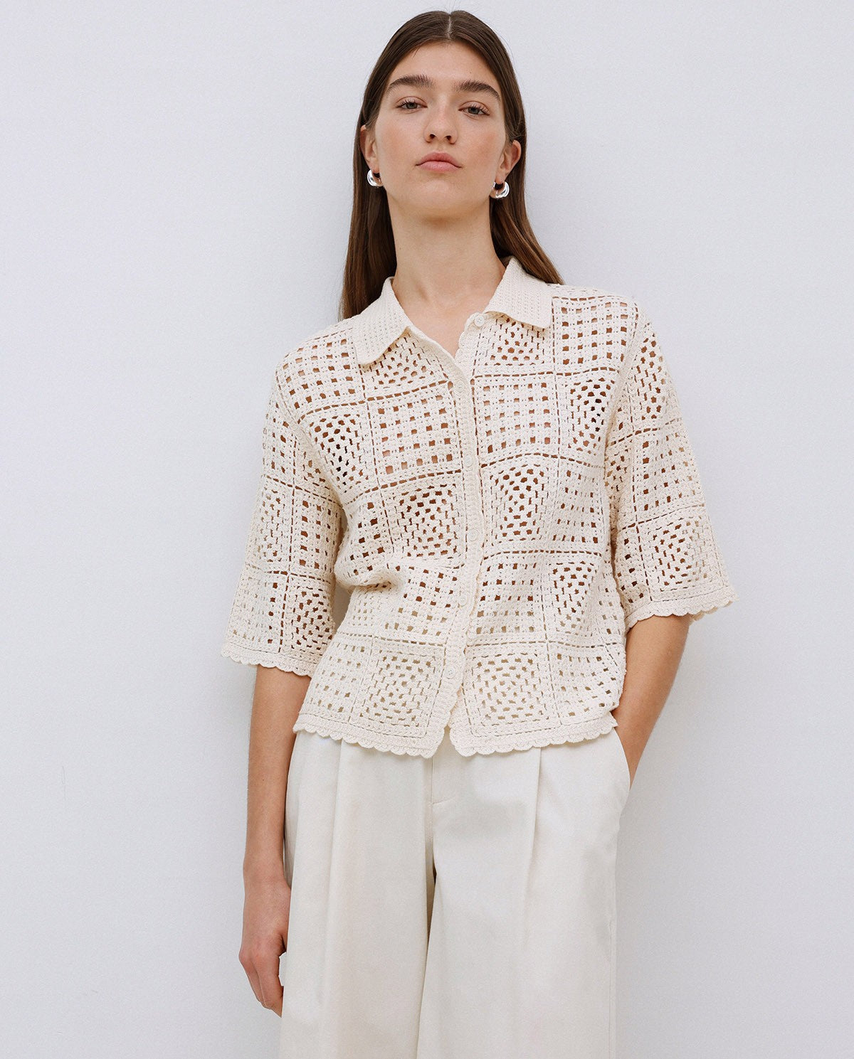 Yerse ECRU CROCHET-EFFECT CARDIGAN